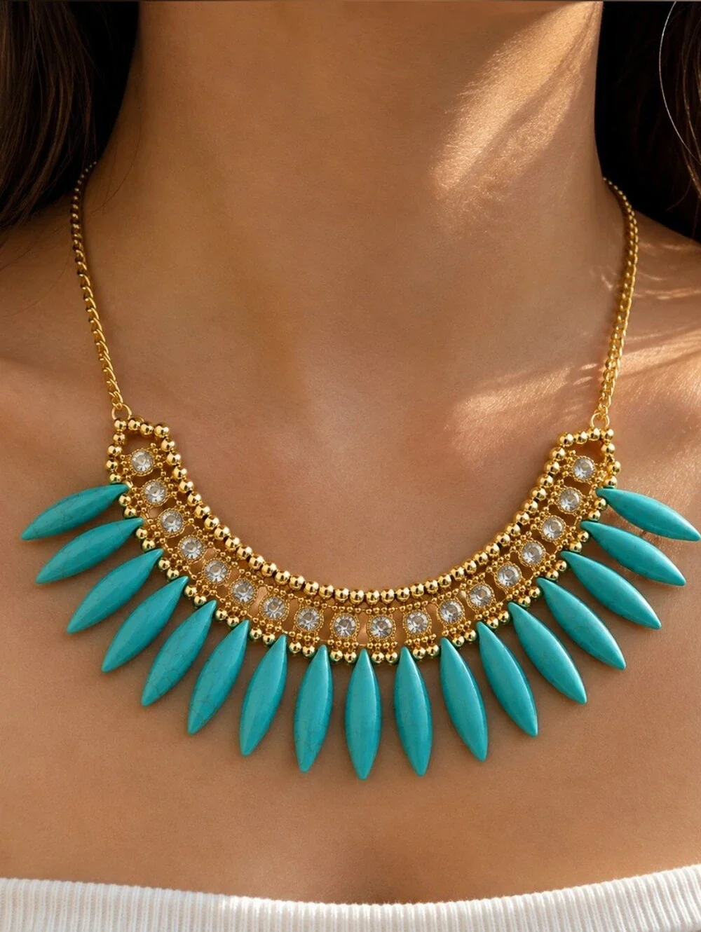 Gold-Tone Turquoise Spike Statement Boho Necklace